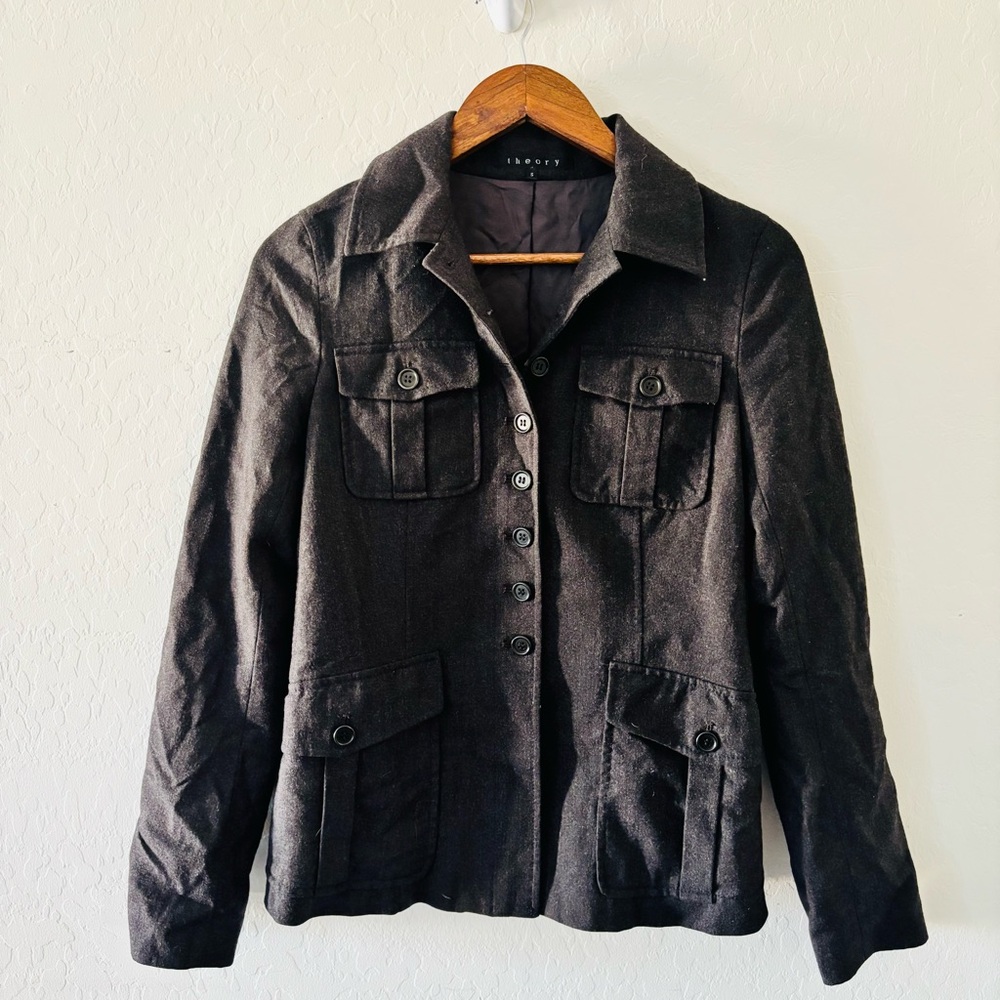 Theory Brown Wool Blend‎ Utility Jacket Size Small Tailored Button Front